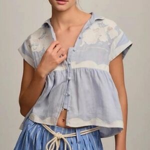 By Anthropologie Linen Appliqué Cropped Button Down Top Boxy Blue & White M